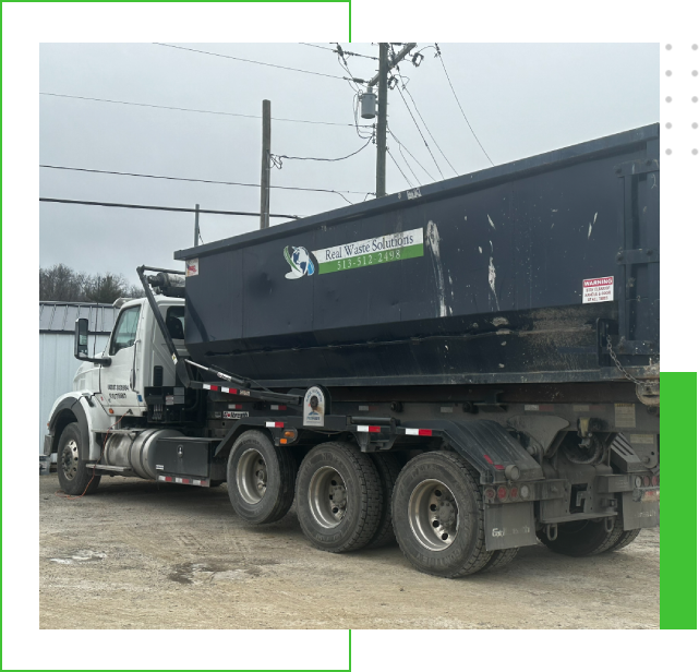 A dump truck is parked on the side of a road.